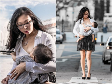 Bà mẹ xinh đẹp khoe bộ ảnh kéo áo cho con bú nơi công sở