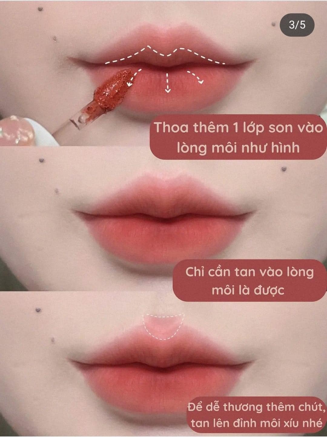 ​​​ Cuối cùng, tô thêm một lớp son vào lòng môi. Nếu muốn căng mọng hơn, có thể dùng thêm son bóng.