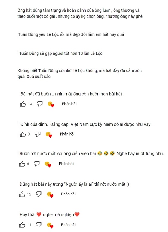 Rất nhiều khán giả bình luận về clip Tuấn Dũng hát, nhắc đến Lê Lộc.
