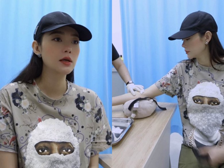 Mẹ bầu Minh Hằng diện áo phông, quần jean thoải mái trong lần khám thai mới đây.