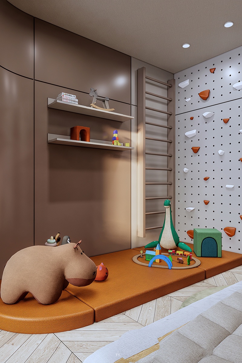 Còn đây là phòng của bé Wu được bài trí sinh động với nhiều món đồ ngộ nghĩnh để cậu bé khám phá, vui chơi trong chính tổ ấm.
