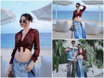 Cặp đôi em thích chị hơn nhau 9 tuổi đi biển nghỉ dưỡng, “chị đẹp” vén áo khoe bụng bầu quyến rũ