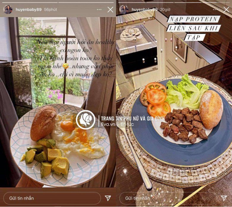 Không riêng việc tập luyện, bà mẹ 2 con cũng có chế độ ăn uống khoa học. Qua những hình ảnh mà người đẹp Hà thành hé lộ, có thể thấy các bữa ăn của cô chủ yếu là bánh mì nguyên cám, quả bơ, trứng và thịt bò.