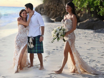 Hoa hậu giữ kỷ lục số đo ngực khủng nhất lịch sử mặc váy cưới ít vải, không thèm đi giày cao gót