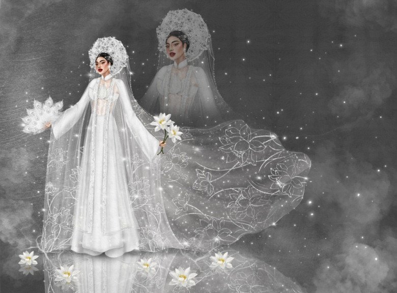 Bản phác thảo bộ áo dài Ngọc Liên Thoải Phủ mà Kim Kim dự định mang đi thi trang phục dân tộc.