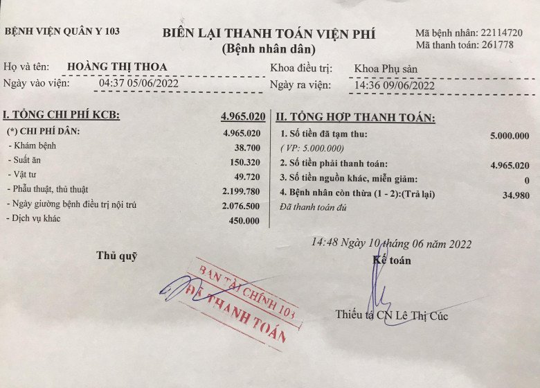 Khi vào viện sẽ tạm ứng 5 triệu đồng. Sau 5 ngày chồng em vào thanh toán chỉ hết gần 5 triệu đồng (Ảnh: NVCC)