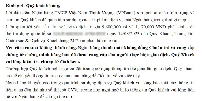 Yêu cầu tra soát của chị H không thành công.