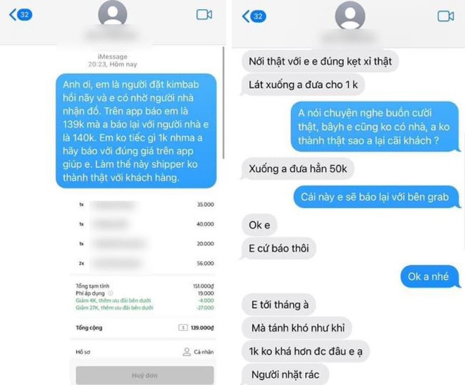 Đoạn tin nhắn trò chuyện giữa nữ khách hàng và nam shipper. (Ảnh chụp màn hình)