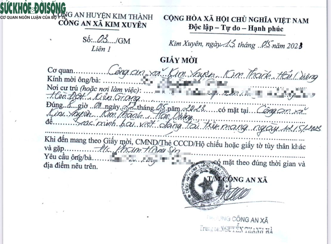 Giấy mời của Công an xã Kim Xuyên, huyện Kim Thành, tỉnh Hải Dương gửi cho chị G. khi người a classTextlinkBaiviet hrefhttps://eva.vn/phụ nữ/a này về quê đẻ tỉnh Kiên Giang.