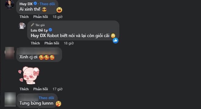Bên dưới phần bình luận, Lưu Đê Ly nhận về mưa lời khen về ngoại hình khi chuẩn bị lên sóng. Đáng nói, đáp trả lại lời khen xinh từ hông xã Huy DX, người đẹp tự nhận bản thân là robot biết nói.