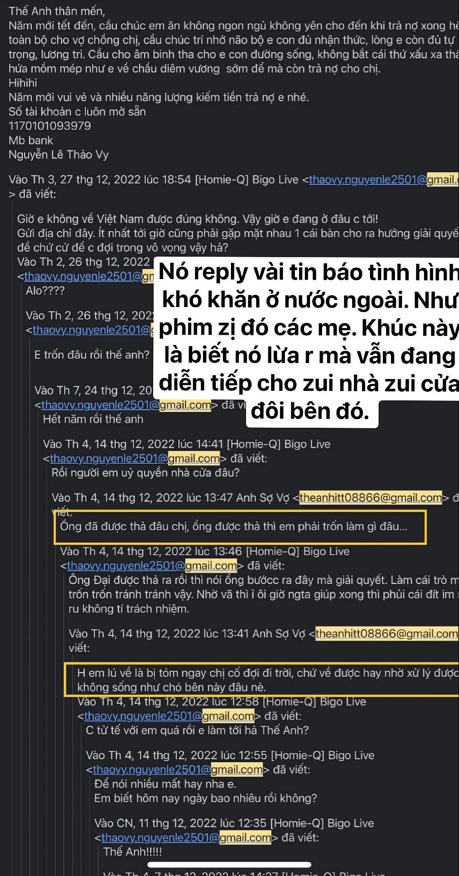 Đoạn trò chuyện giữa chị Thảo Vy và đối tượng lừa đảo thông qua mail.