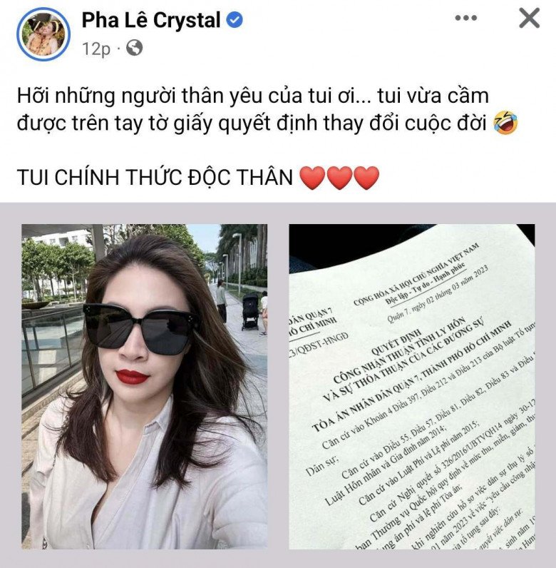 Pha Lê thông báo đã chính thức hoàn tất thủ tục ly hôn, trở về cuộc sống độc thân vào tháng 3/2023.