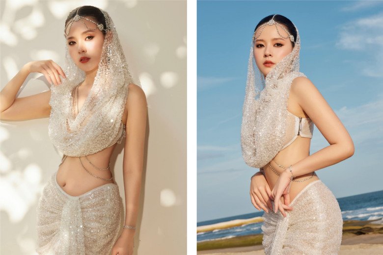 Với kiểu dáng ngắn cùng những chi tiết dây kim loại ôm lấy đường cong cơ thể, chiếc áo giúp Midu khoe được tối đa vòng eo 54cm.