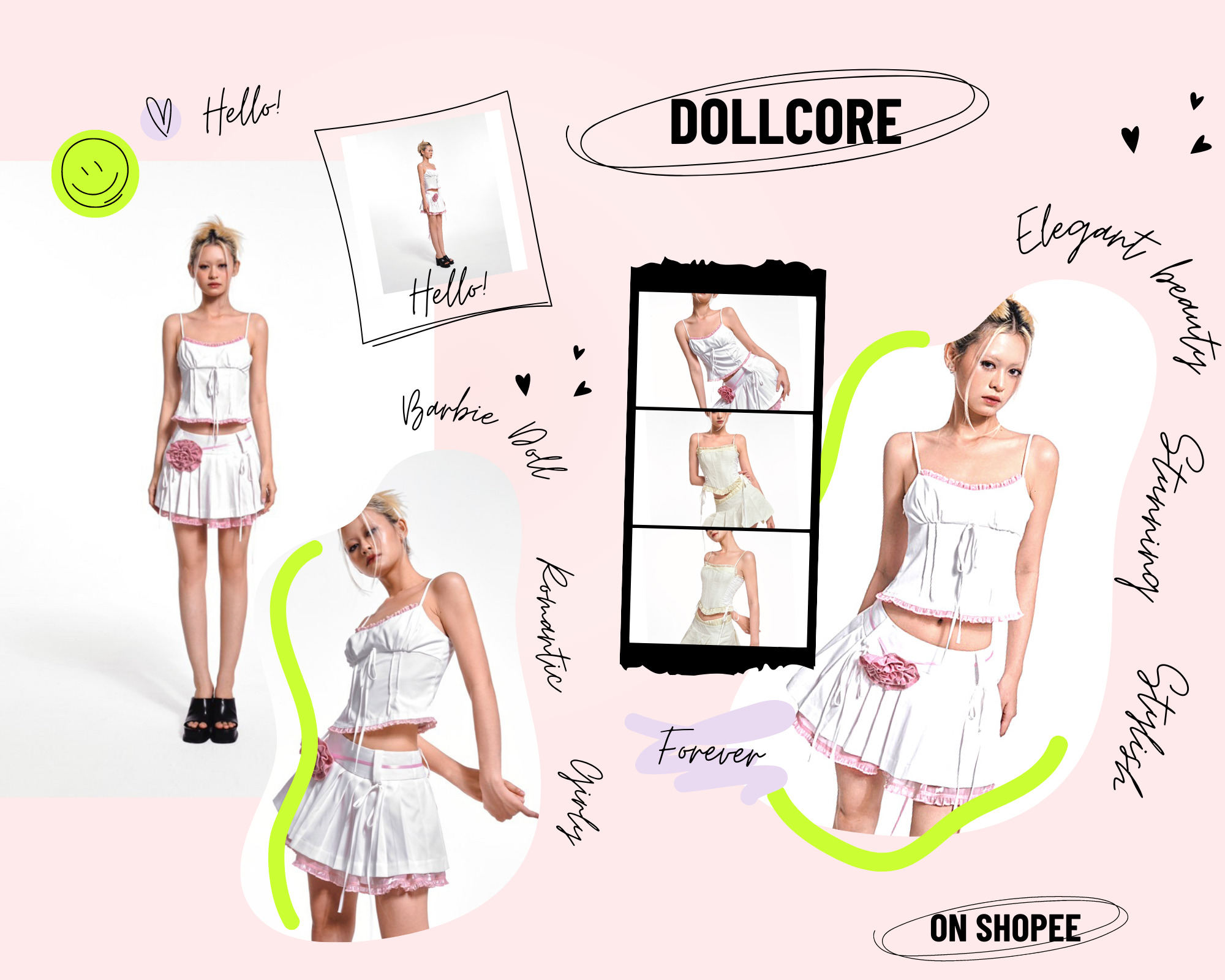 Viền đăng ten, dây nơ, hoa đính, xếp ly là tất cả những gì thuộc về Dollcore mà bạn có thể tìm thấy trong set đồ Lolli của nhà Bubble, nhẹ nhàng tôn vinh sự mảnh khảnh, nữ tính có phần thơ ngây. Tham khảo ngay tại: https://shopee.vn/a-i.963472146.19379472936