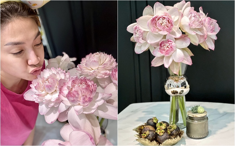 Người đẹp cắm hoa sen với gam hồng phớt rất xinh xắn. Cô đặt cả ở trên bàn thờ và bàn ăn.
