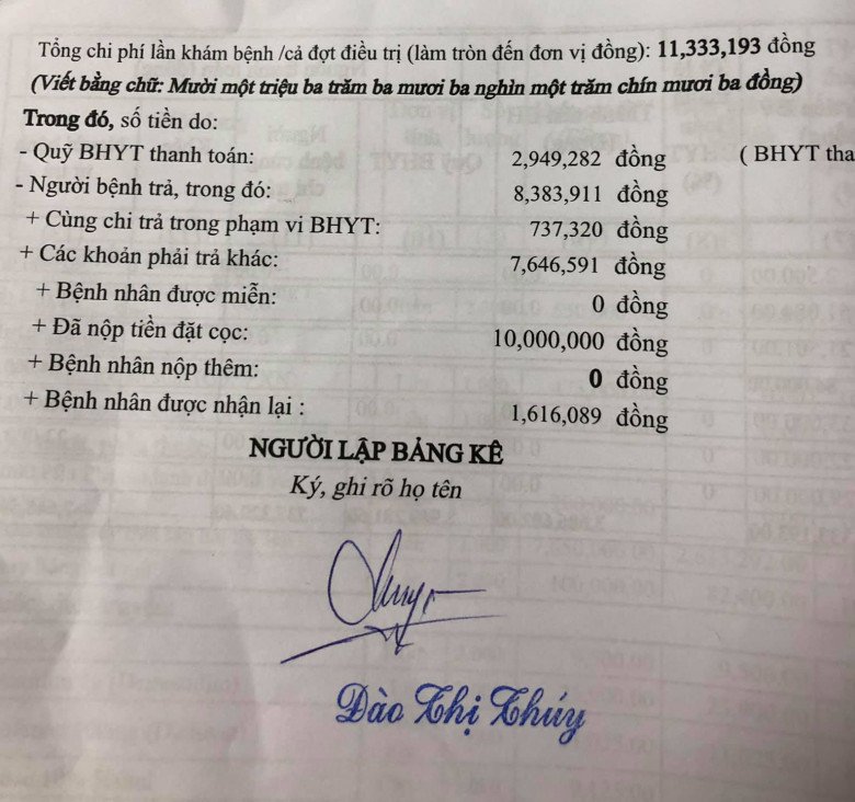 Tổng chi phí mổ đẻ và nằm lưu tại viện của chị Vân. (Ảnh: NVCC)
