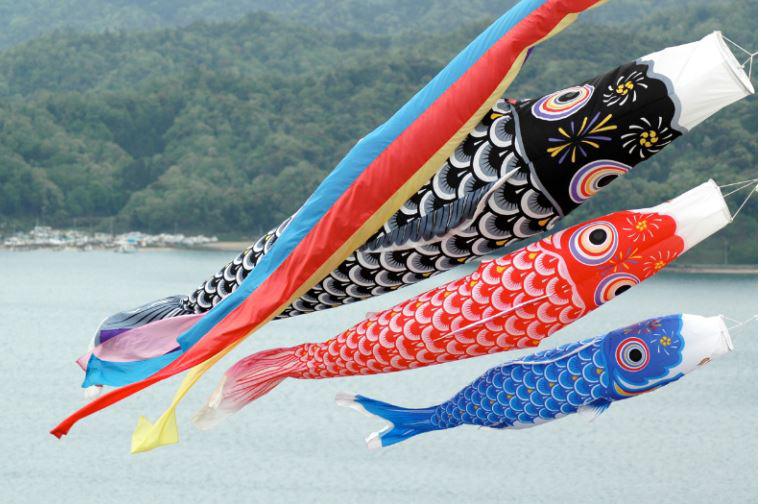 Cờ cá chép koinobori thường có ba màu chủ đạo là đen, đỏ và xanh.