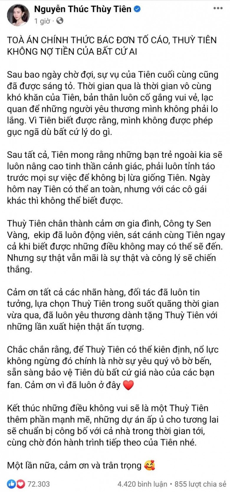 Nàng Hậu chia sẻ cảm xúc đầu tiên sau khi có kết quả vụ kiện.