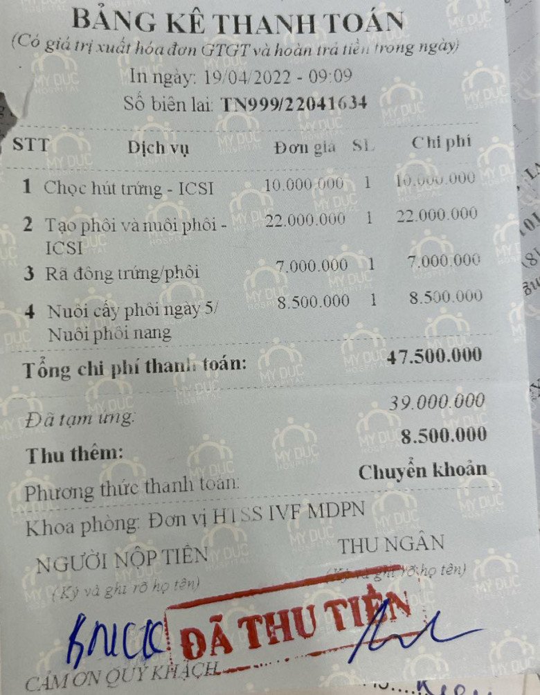 Mỗi lần xét nghiệm hay chuyển phôi là 1 số tiền không hề nhỏ. (Ảnh: NVCC)