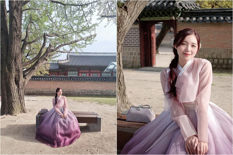 Cô nàng tựa gái Hàn trong chuyến du lịch xứ sở kim chi khi khoác lên mình bộ hanbook xinh xắn.
