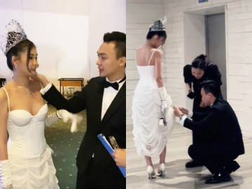 Lê Âu Ngân Anh được chồng cúi người chỉnh váy giúp giữa nghi vấn mang thai sau 7 tháng kết hôn