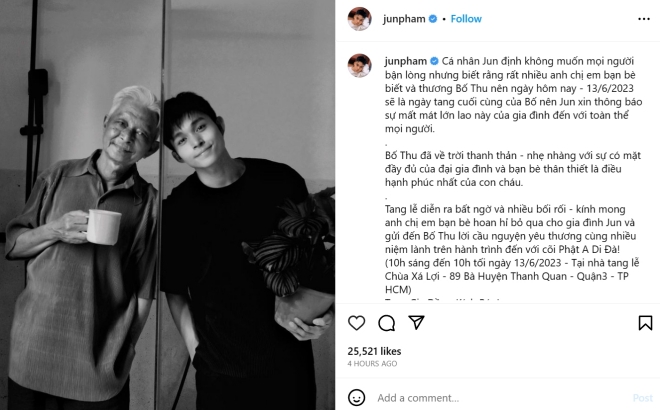 Jun Phạm thông báo về sự ra đi của bố vào ngày tang cuối cùng.