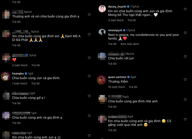Các nghệ sĩ, đồng nghiệp và khán giả gửi lời chia buồn tới Jun Phạm.