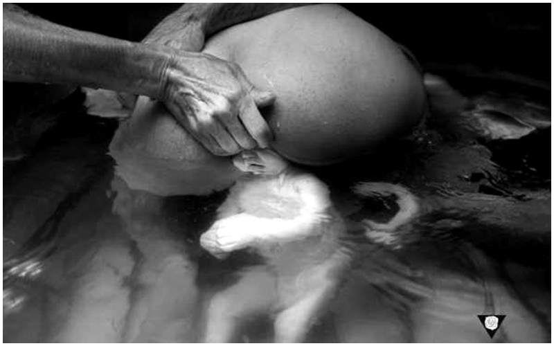 Bức ảnh sinh nở vô cùng đặc biệt khi diễn ra trong tư thế ngồi, em bé chào đời bình yên trong làn nước ấm. 
