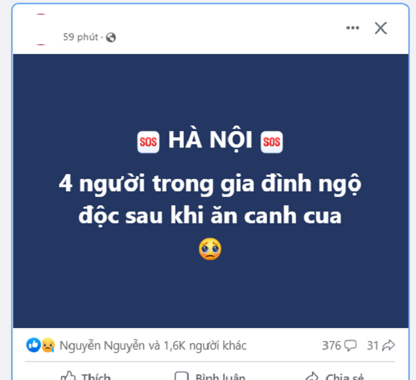 Thông tin cả gia đình nhập viện sau khi ăn canh cua được chia sẻ trên mạng xã hội. Ảnh chụp màn hình.