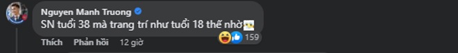 Bên dưới phần bình luận, ông xã Mạnh Trường của cô lại để lại bình luận khiến nhiều người thích thú: Sinh nhật tuổi 38 mà trang trí như tuổi 18 thế nhờ. Qua đó có thể thấy, nam diễn viên cũng ngầm khen vợ trẻ trung như thiếu nữ 18.