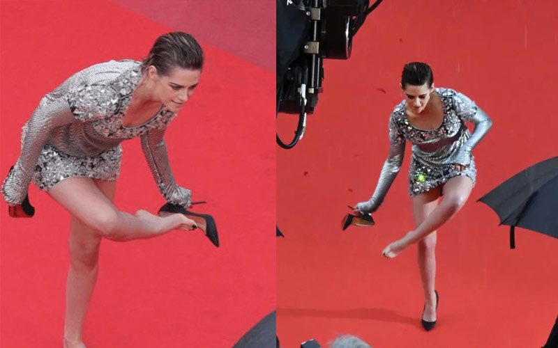 Kristen Stewart bất ngờ tháo giày trước mặt hàng trăm phóng viên ảnh. Theo Elle, đây là hành động phản kháng trước quy định cấm đi giày bệt vào thảm đỏ Cannes từ vài năm nay. 
