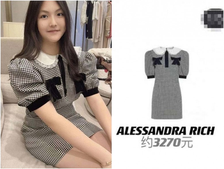 Vương Thi Linh diện chiếc váy kẻ caro của thương hiệu Alessandra Rich có giá hơn 11 triệu đồng. Cô bé còn đeo thêm chiếc vòng của Cartier có giá hơn 113 triệu. 