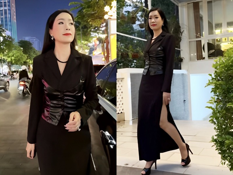 Diện bộ váy đen ôm sát eo và cắt xẻ cao ở chân váy, Trịnh Kim Chi khiến dân tình xuýt xoa khi khoe trọn đường cong cơ thể. Dù ở tuổi trung niên và qua 2 lần sinh nở, cô vẫn giữ được vóc dáng thon gọn, mảnh mai.
