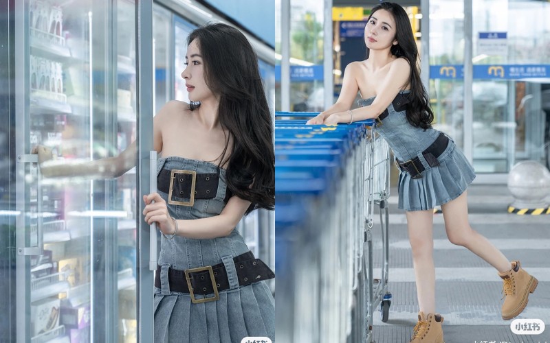 Với xu hướng trang phục denim đang rất hot dạo gần đây, cô nàng này đi siêu thị nhưng ăn mặc như đi hẹn hò với bộ cánh mang phong cách năng động và phóng khoáng.
