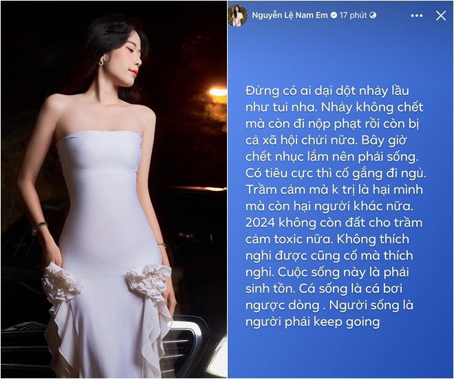 Nam Em nhắc đến vụ việc nhảy lầu gây hoang mang dư luận, cô bày tỏ: Nhảy không chết mà còn đi nộp phạt và bị cả xã hội chửi nữa.