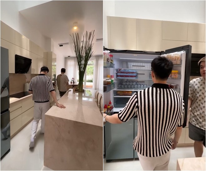 Căn bếp trong ngôi nhà rất gọn gàng. 2 Tiktoker cho rằng đàn anh bị OCD vì mọi thứ trong tủ lạnh đều được sắp xếp thẳng hàng thẳng lối.