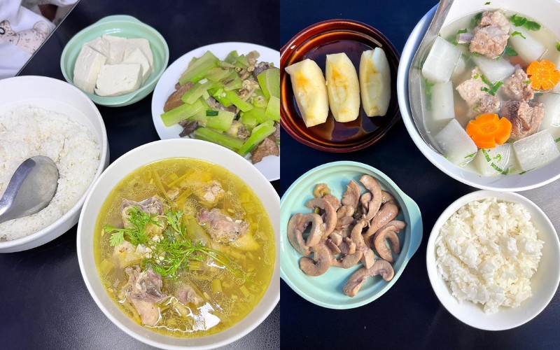 Ảnh bên trái: Canh gà nấu cái rượu, lòng gà xào bí xanh, đậu. Vết khâu lành chị Trang Ngô nấu gà cho em gái ăn ngay. 

Ảnh bên phải: Cật xào, canh sườn củ cải.
