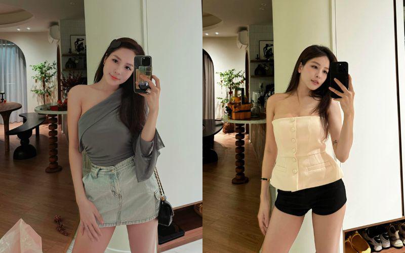 Trong những bức ảnh selfie, người đẹp 9X luôn ghi điểm với phong cách thời trang sành điệu và thời thượng. Qua đó, visual của cô nàng càng thêm toả sáng.
