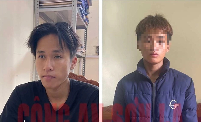 Hai nghi phạm là Lò Chính L. (phải) và Hoàng Văn Tiến (trái) tại cơ quan công an. Ảnh: Công an cung cấp