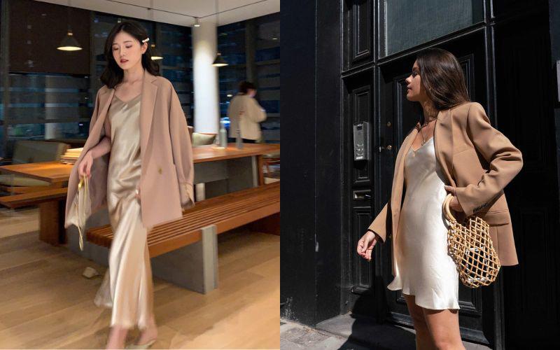 Áo khoác blazer thêm cấu trúc và sự tương phản đặc biệt cho vẻ đẹp nữ tính tinh tế của váy ngủ. Combo này thậm chí vẫn có thể theo chân chị em đến công sở.
