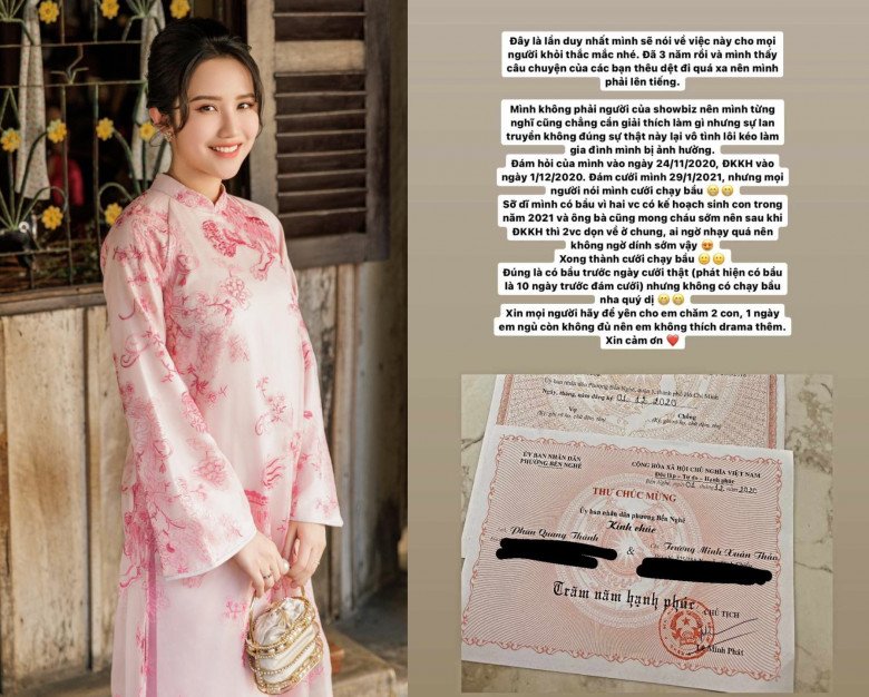 Đăng kèm giấy đăng ký kết hôn, bà xã Phan Thành mong được bình yên.