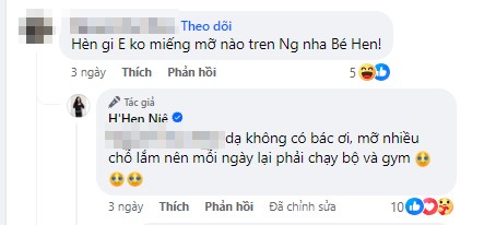 Có người lại khen Hen ăn như vậy bảo sao người không có mỡ thừa. Tuy nhiên người đẹp lại chia sẻ, bản thân phải chạy bộ và tập gym để cơ thể săn chắc như vậy. 