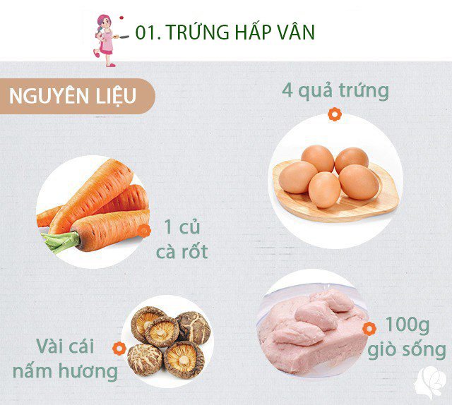 Chuẩn bị: 4 quả trứng, 100g giò sống, gia vị, hạt tiêu, nấm hương, mộc nhĩ, 1 củ cà rốt, bột canh...