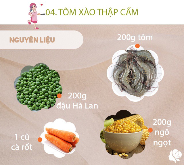 Nguyên liệu: - 200 gam tôm, 200 gam đậu Hà Lan, 200 gam ngô, 1 củ cà rốt, 2 tép tỏi. Gia vị: Nước tương, tinh bột, muối, hạt tiêu vừa ăn.