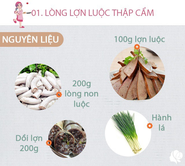 Chuẩn bị: 200g lòng non luộc; 200g dồi lợn; 100g gan lợn luộc; dạ dày và tràng, khấu đuôi... mỗi thứ một ít, 1 nắm hành lá.