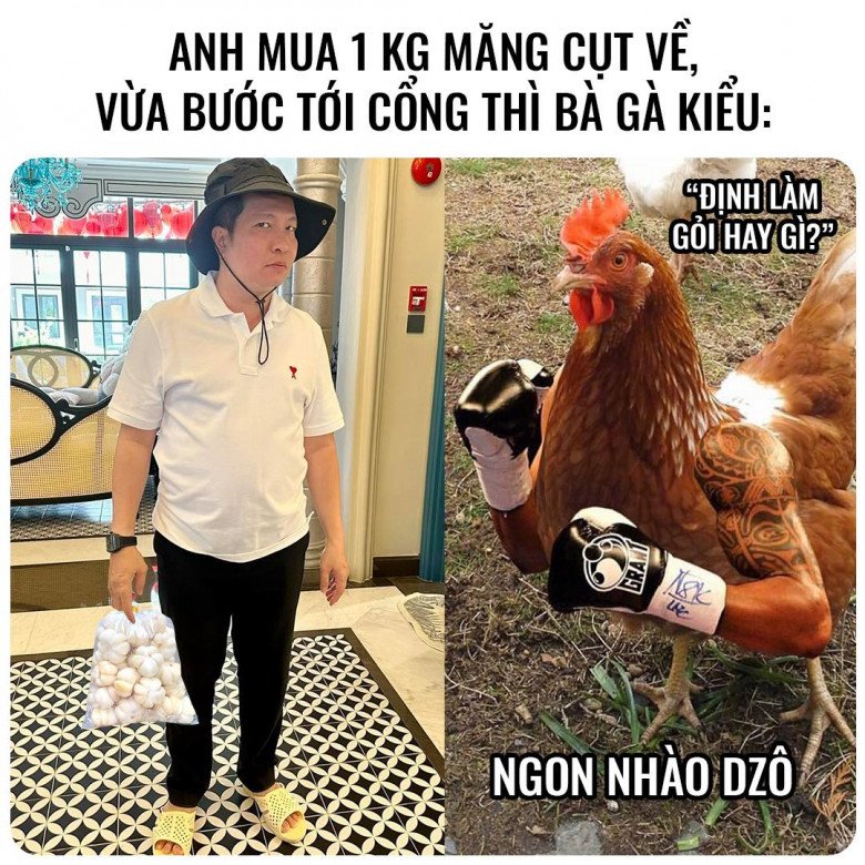 Hồi gỏi gà măng cụt đang hot, nhà Đoàn Di Băng cũng nhanh chóng bắt trend. Ông xã cô còn làm mọi người cười xỉu khi chế ảnh thái độ của con gà khi anh định làm gỏi.