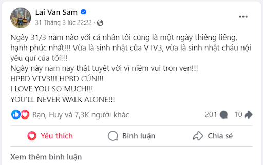 Những dòng trạng thái thể hiện tình cảm cũng như sự trân trọng với nhà đài, nơi ông dành phần lớn cuộc đời cống hiến