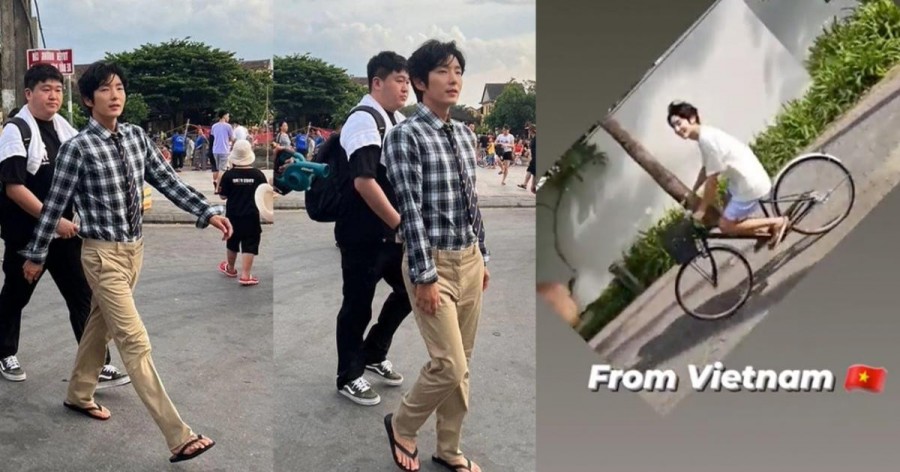 Lee Jun Ki diện áo sơ mi sọc caro đóng thùng quần tây, đeo cà vạt và mang dép tông lào.