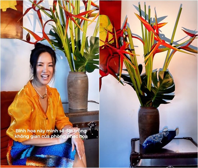 Hồng Nhung cho biết: Bình hoa này mình sẽ đặt ở trong không gian phòng nhạc họa. Khi có bình hoa như thế này, cô thấy như được tăng thêm năng lượng và cảm thấy tự tin hơn với những giai điệu.