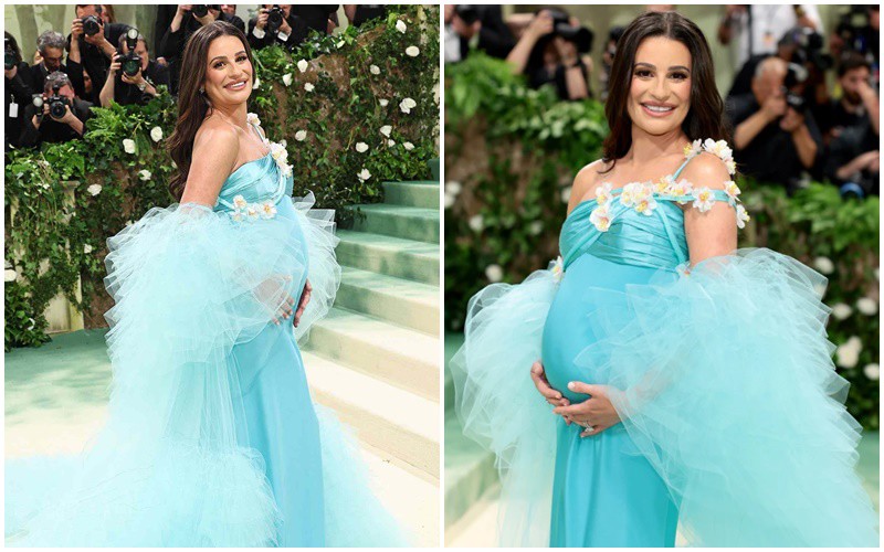 Tại thảm đỏ Met Gala năm nay, Lea Michele cũng gây chú ý khi khoe bụng bầu vượt mặt của mình trong bộ váy xanh rực rỡ.
